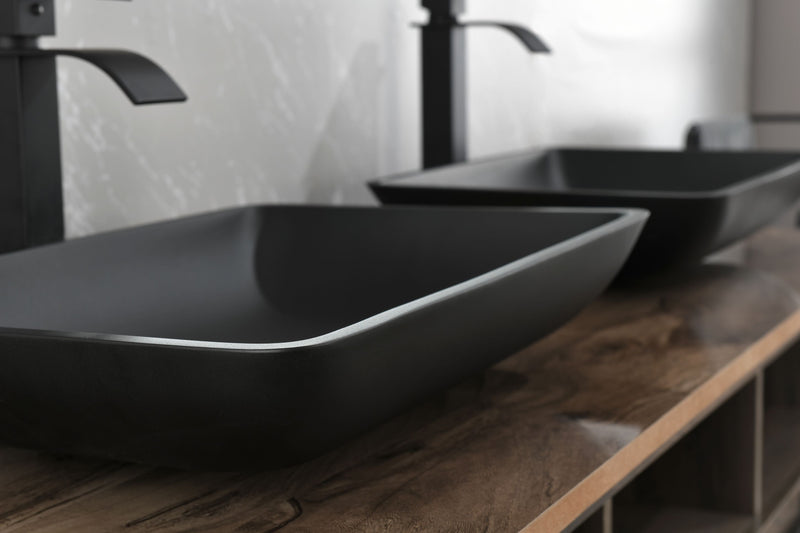 14.38in L -22.25in W -13.0in H Matte Shell  Glass Rectangular Vessel Bathroom Sink in Black