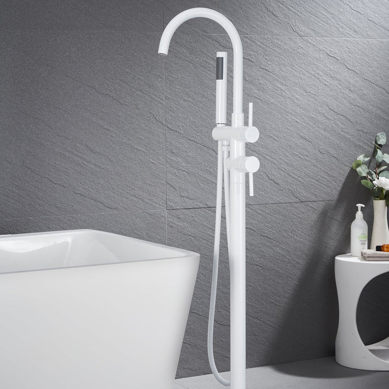 White Freestanding Bathtub Faucet Floor Mounted Faucet With Hand Shower