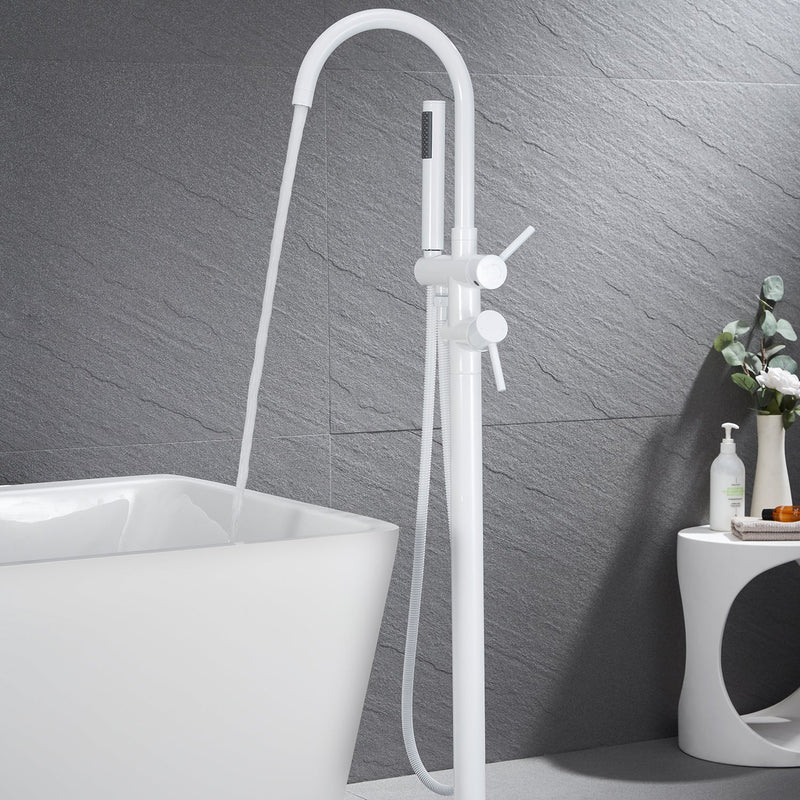 White Freestanding Bathtub Faucet Floor Mounted Faucet With Hand Shower