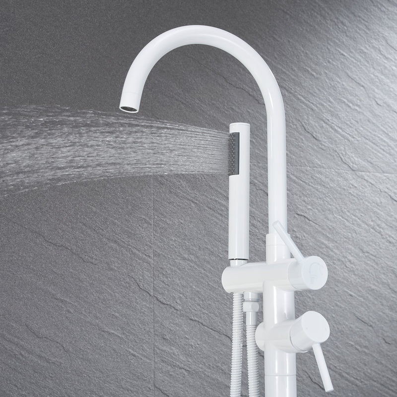 White Freestanding Bathtub Faucet Floor Mounted Faucet With Hand Shower