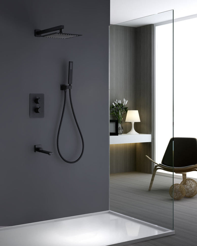 Wall Mounted Matte Black Thermostatic Shower System With Tub Spout