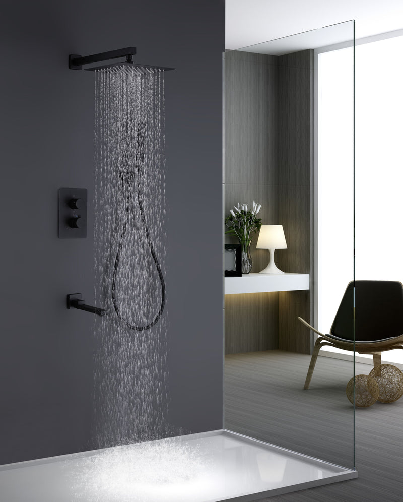 Wall Mounted Matte Black Thermostatic Shower System With Tub Spout