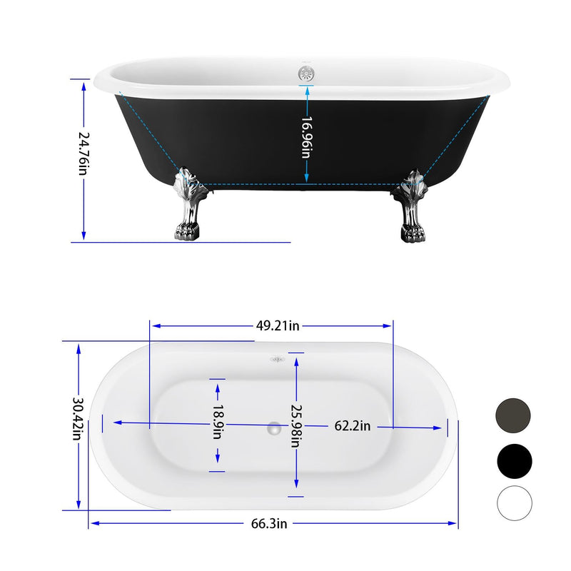 30-in W x 66-in L Gloss Black Acrylic Oval Freestanding Soaking Bathtub