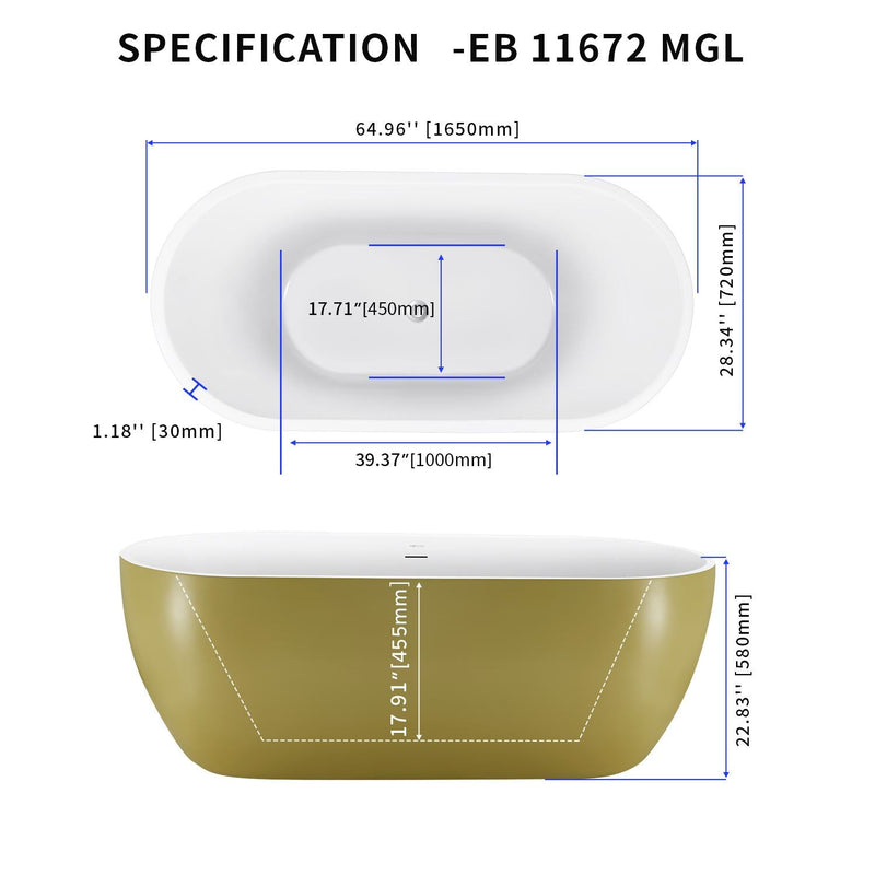 28-in W x 65-in L with Polished Chrome Trim Acrylic Oval Freestanding Soaking Bathtub