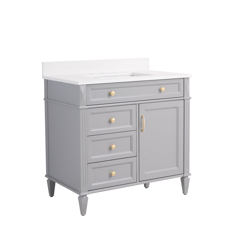 36 in. Bathroom Vanity in Grey with Quartz Vanity Top in Carrara with Single White Basin