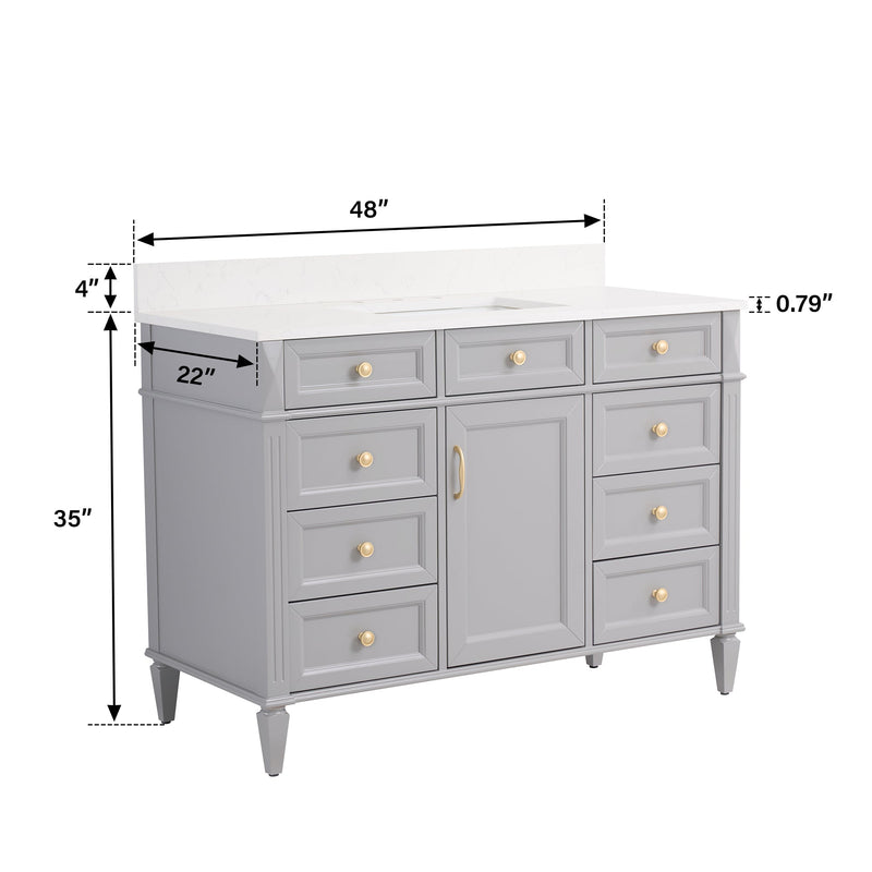 48 in. Bathroom Vanity in Grey with Quartz Vanity Top in Carrara with Single White Basin