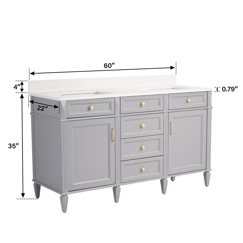 60 in. Bathroom Vanity in Grey with Quartz Vanity Top in Carrara with Single White Basin