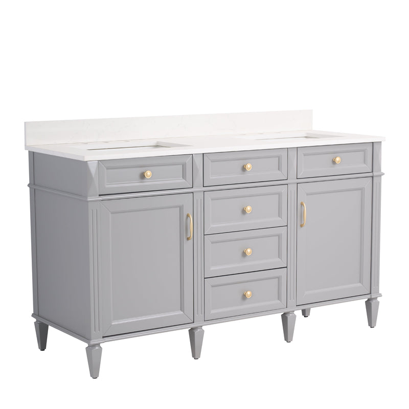 60 in. Bathroom Vanity in Grey with Quartz Vanity Top in Carrara with Single White Basin