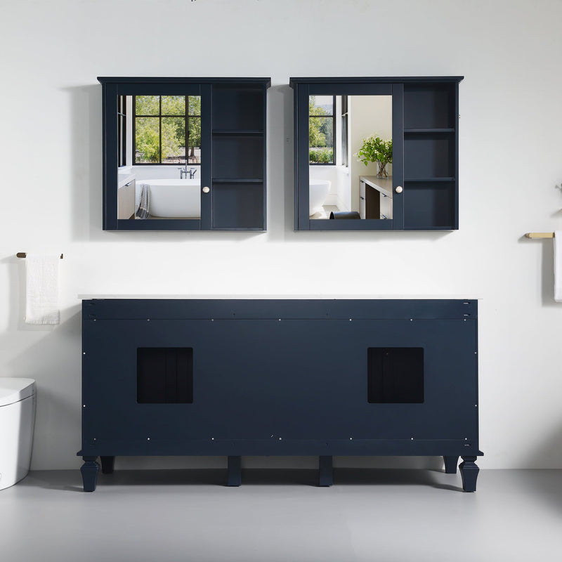 72inch Navy Blue Freestanding Solid Wood Bathroom Vanity Storage Organizer with Carrara White Quartz Countertop