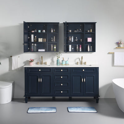 72inch Navy Blue Freestanding Solid Wood Bathroom Vanity Storage Organizer with Carrara White Quartz Countertop