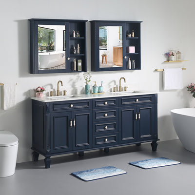 72inch Navy Blue Freestanding Solid Wood Bathroom Vanity Storage Organizer with Carrara White Quartz Countertop