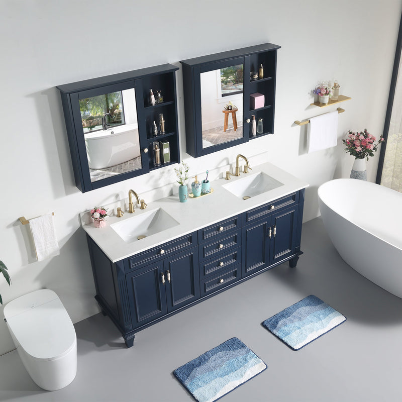 72inch Navy Blue Freestanding Solid Wood Bathroom Vanity Storage Organizer with Carrara White Quartz Countertop