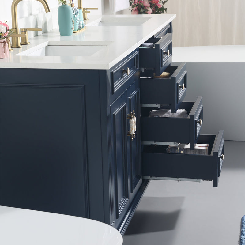 72inch Navy Blue Freestanding Solid Wood Bathroom Vanity Storage Organizer with Carrara White Quartz Countertop