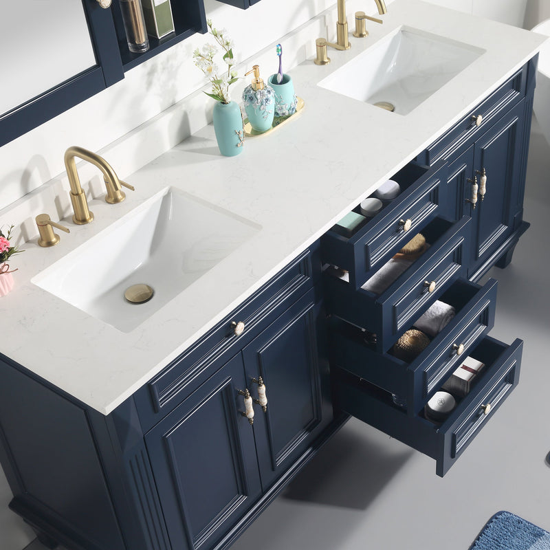 72inch Navy Blue Freestanding Solid Wood Bathroom Vanity Storage Organizer with Carrara White Quartz Countertop