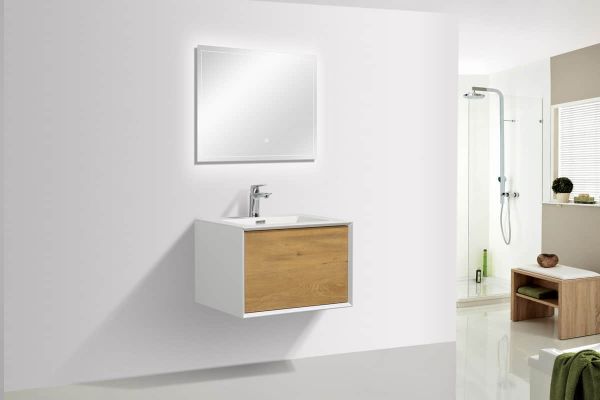 Vanity in White Oak with Solid Surface Vanity Top in White with White Basin