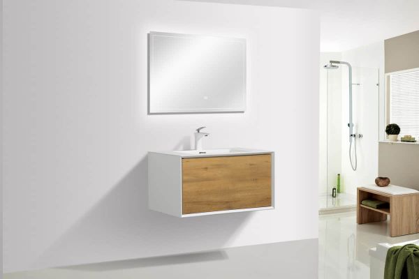 Vanity in White Oak with Solid Surface Vanity Top in White with White Basin