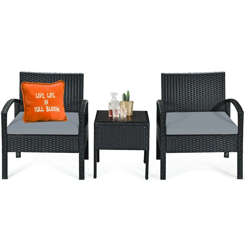 3 Pieces Outdoor Rattan Patio Conversation Set with Seat Cushions