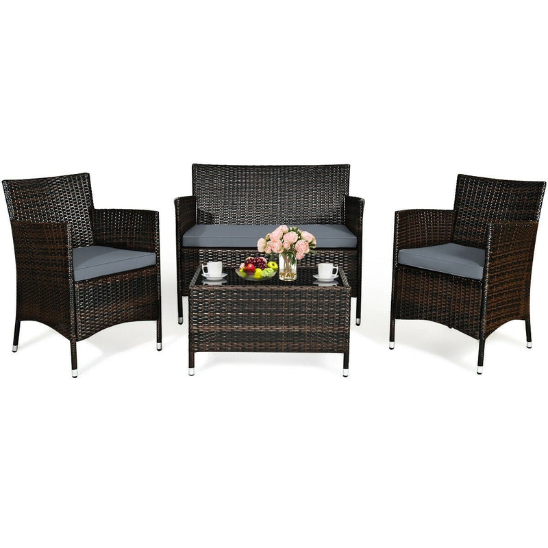 4 Pieces Rattan Sofa Set with Glass Table and Comfortable Wicker