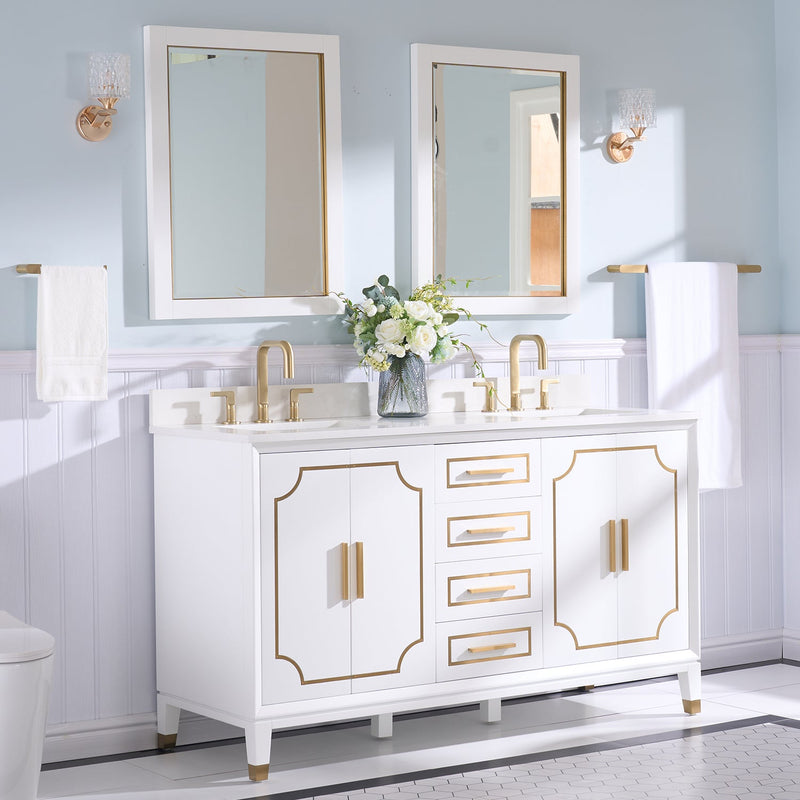 60 in. W x 22 in. D x 35 in. H Freestanding Bathroom Vanity in White with Carrara White Quartz Vanity Top