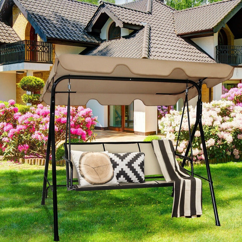 3 Person Steel Frame Patio Swing with Polyester Angle and Adjustable Canopy