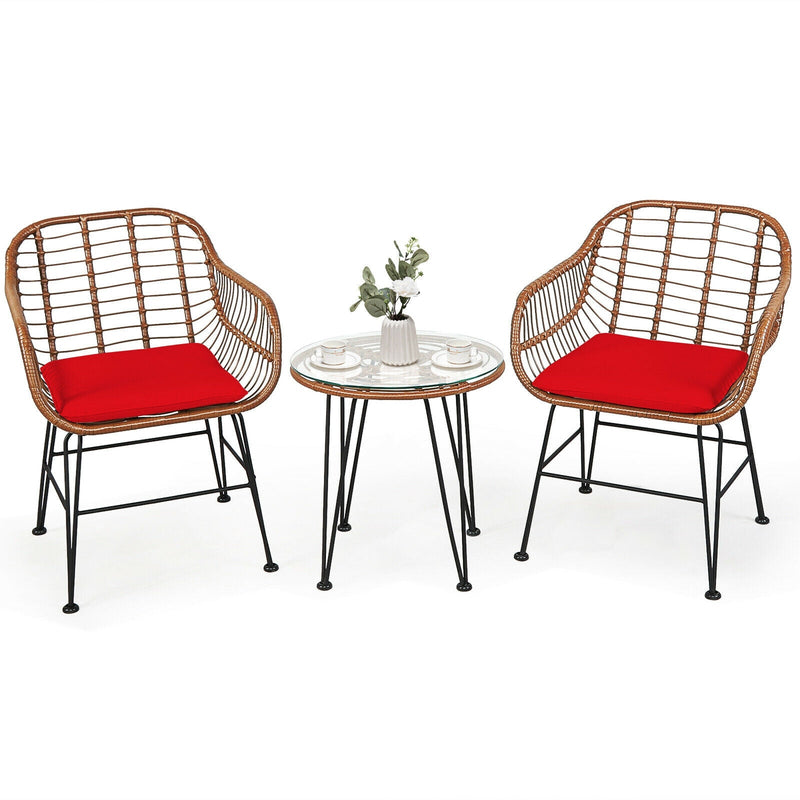 3 Pcs Patio Rattan Bistro Set with Cushion