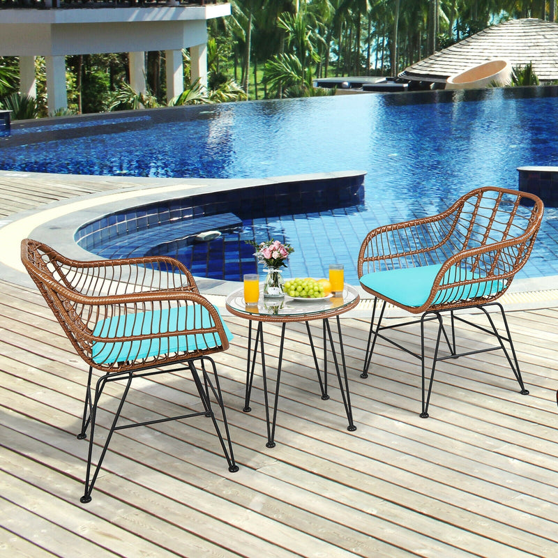 3 Pcs Patio Rattan Bistro Set with Cushion