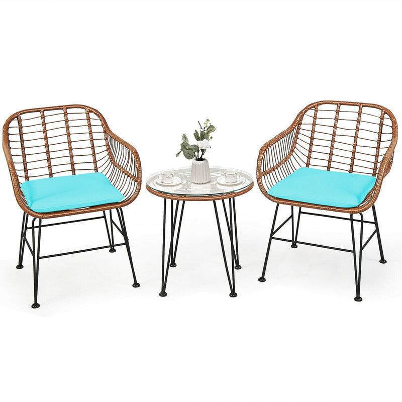 3 Pcs Patio Rattan Bistro Set with Cushion