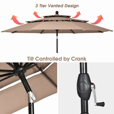 10ft 3 Tier Patio Umbrella Aluminum Sunshade Shelter Double Vented without Base