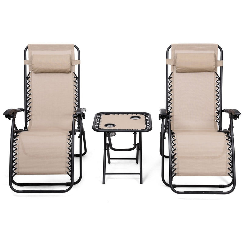 3 Pieces Folding Portable Zero Gravity Reclining Lounge Chairs Table Set