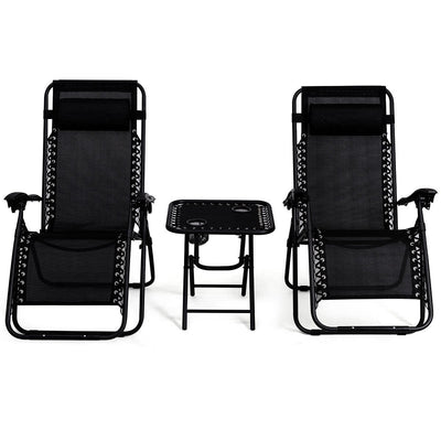 3 Pieces Folding Portable Zero Gravity Reclining Lounge Chairs Table Set