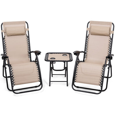 3 Pieces Folding Portable Zero Gravity Reclining Lounge Chairs Table Set