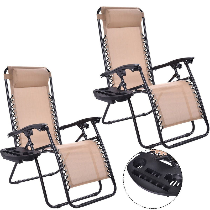 Set of 2 Folding Adjustable Lounge Chair with Removable Pillow and Cup Holder Tray