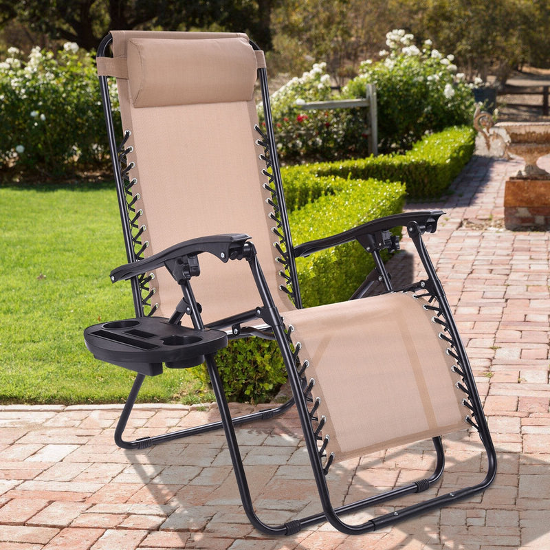 Set of 2 Folding Adjustable Lounge Chair with Removable Pillow and Cup Holder Tray