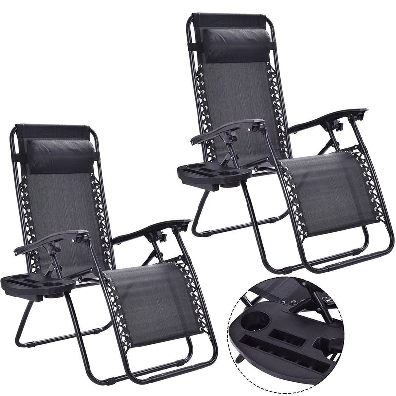 Set of 2 Folding Adjustable Lounge Chair with Removable Pillow and Cup Holder Tray