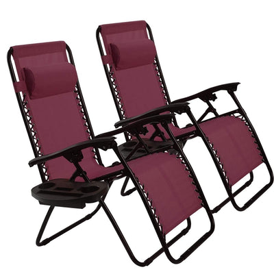 Set of 2 Folding Adjustable Lounge Chair with Removable Pillow and Cup Holder Tray