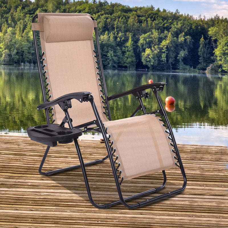 Folding Adjustable Lounge Chair with Removable Pillow and Cup Holder Tray