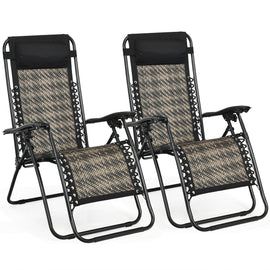 2Pcs Folding Patio Rattan Zero Gravity Lounge Chair