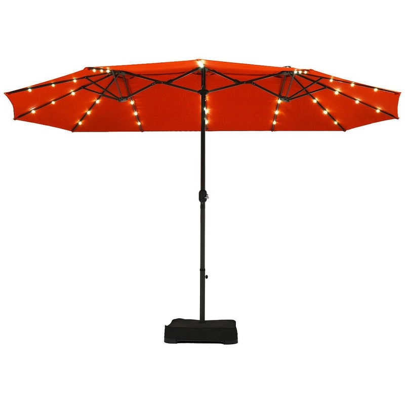 15 Feet Solar LED Patio Double-sided Umbrella with Weight Base