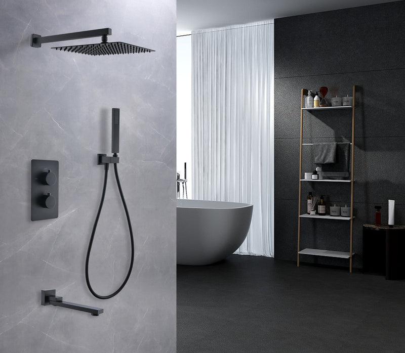 Wall Mounted Matte Black Thermostatic Shower System With Tub Spout