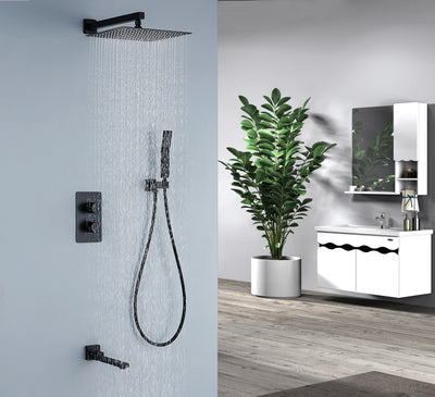 Wall Mounted Matte Black Thermostatic Shower System With Tub Spout