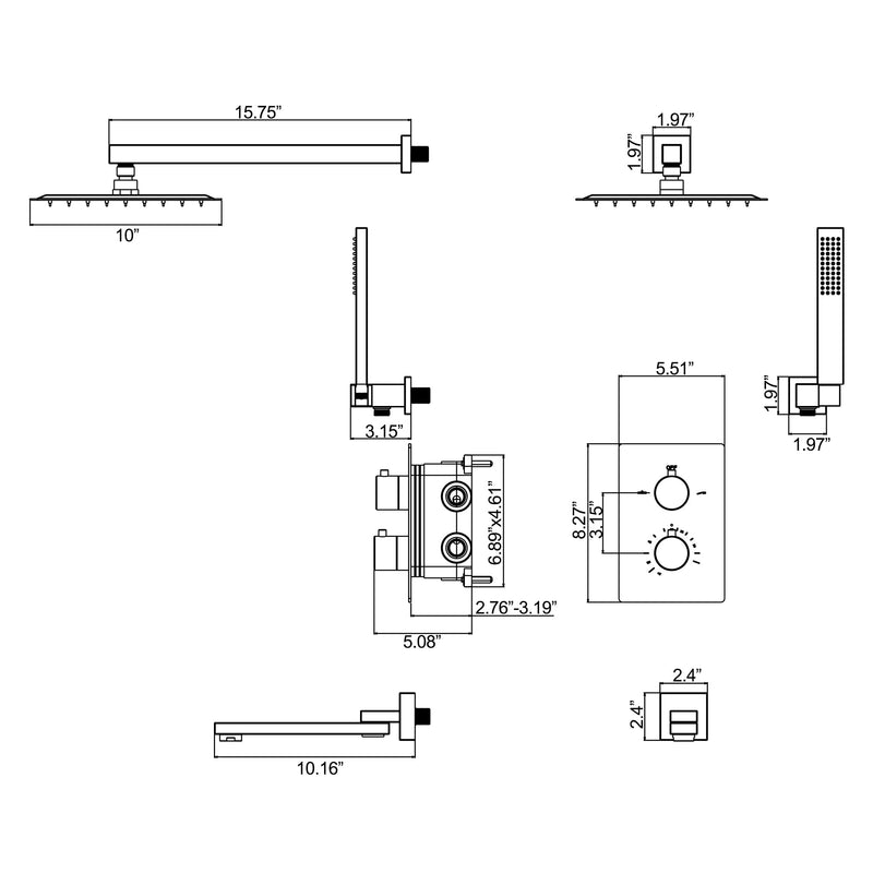 Wall Mounted Matte Black Thermostatic Shower System With Tub Spout