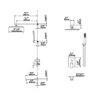 Wall Mounted Shower System with Tub Spout and HandHeld Shower