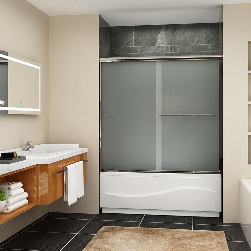 57 in. x 60 in. Semi-Frameless Double Sliding Door, with Handle Frosted Glass in Chrome