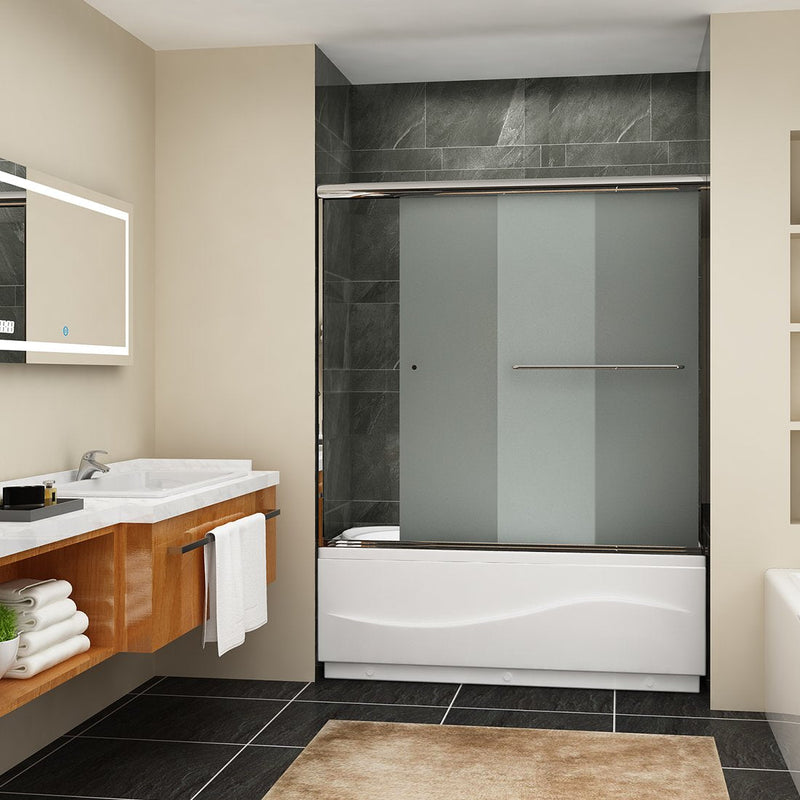 57 in. x 60 in. Semi-Frameless Double Sliding Door, with Handle Frosted Glass in Chrome