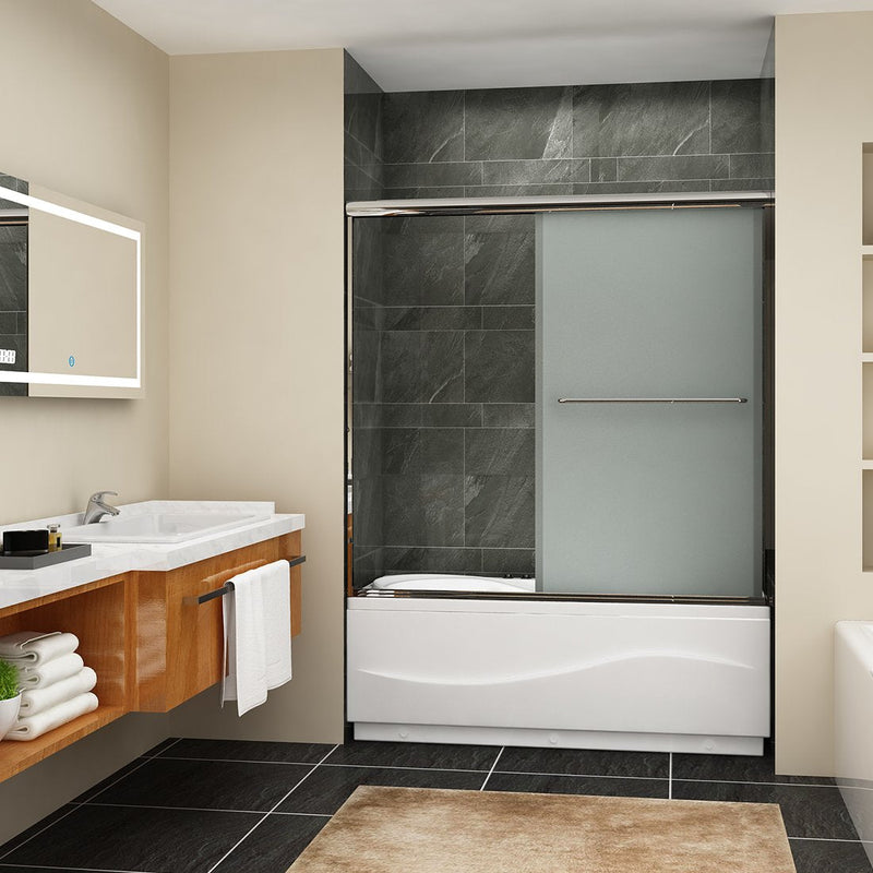 57 in. x 60 in. Semi-Frameless Double Sliding Door, with Handle Frosted Glass in Chrome