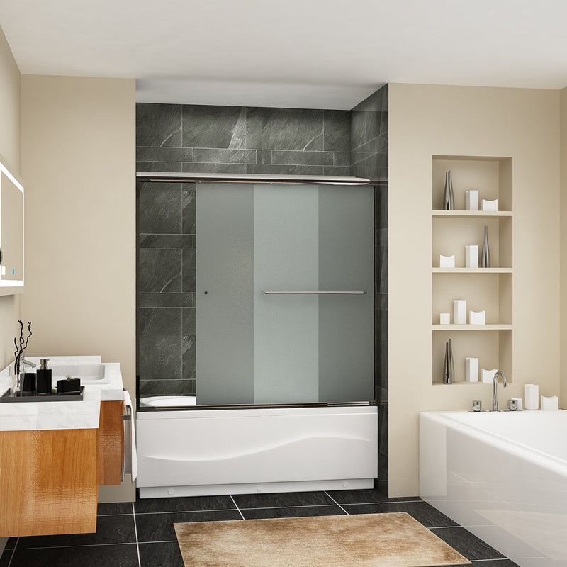 57 in. x 60 in. Semi-Frameless Double Sliding Door, with Handle Frosted Glass in Chrome