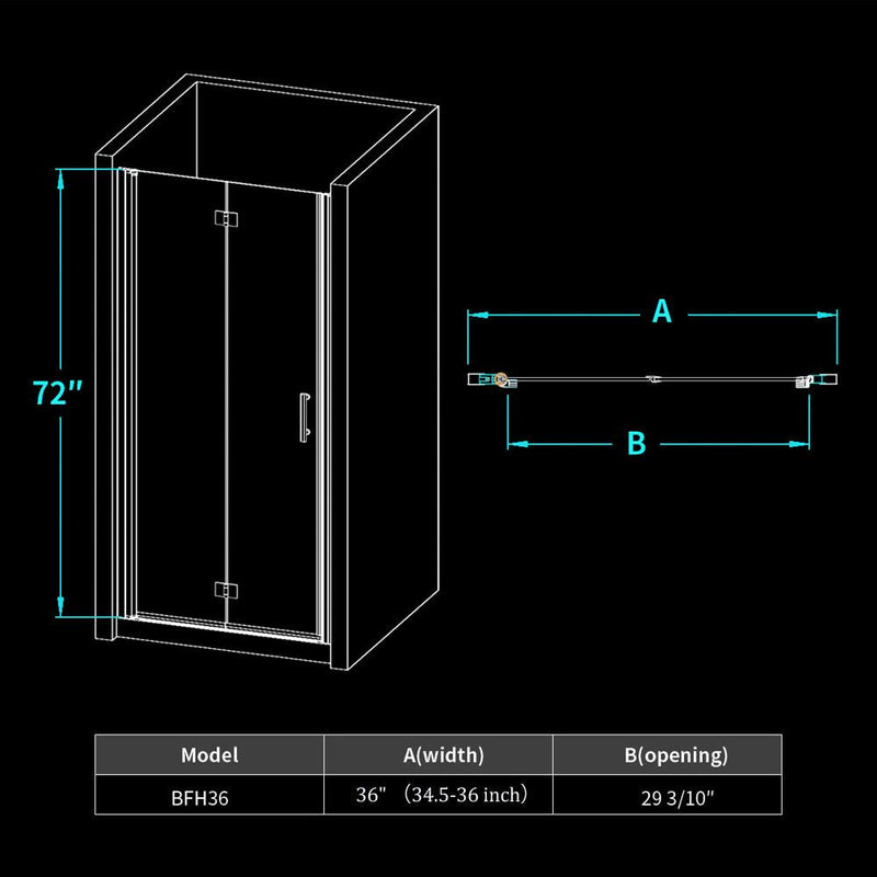 36 in. x 72 in. Semi-Frameless Bathtub Bi-Fold Shower Glass Door in Clear Glass with Handle, Chrome