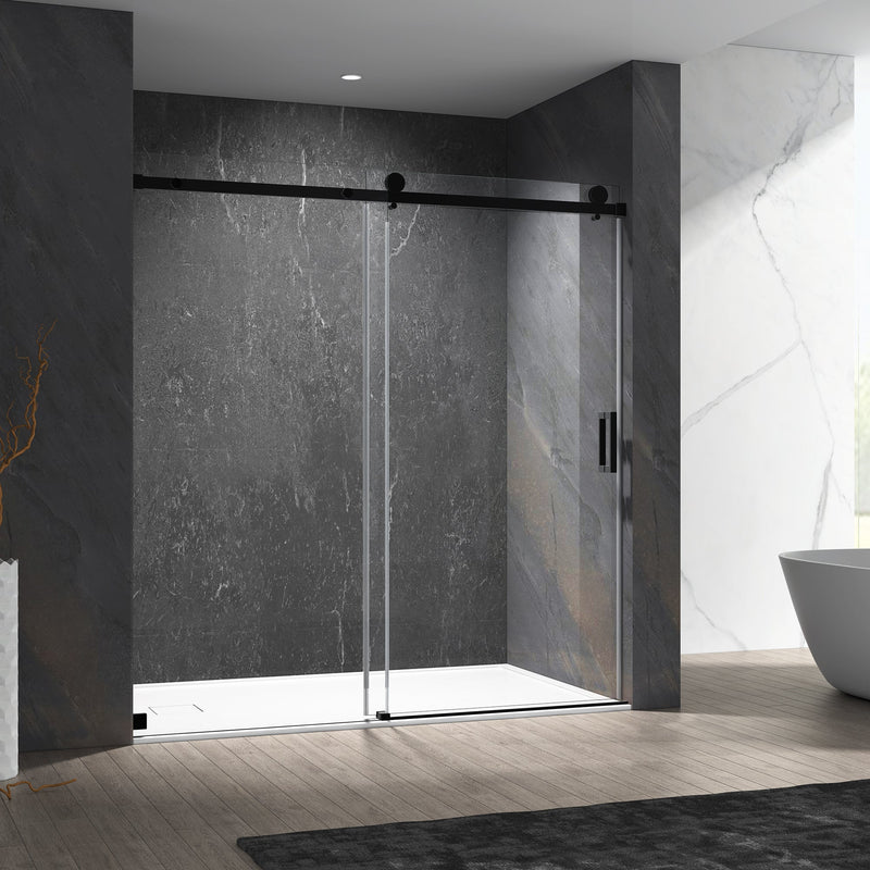 60-in W x 76-in H Frameless Sliding Matte Black Standard Shower Door (Tempered Glass)