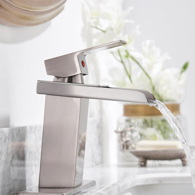 Waterfall Single-Handle Low-Arc Bathroom Faucet With Pop-up Drain Assembly