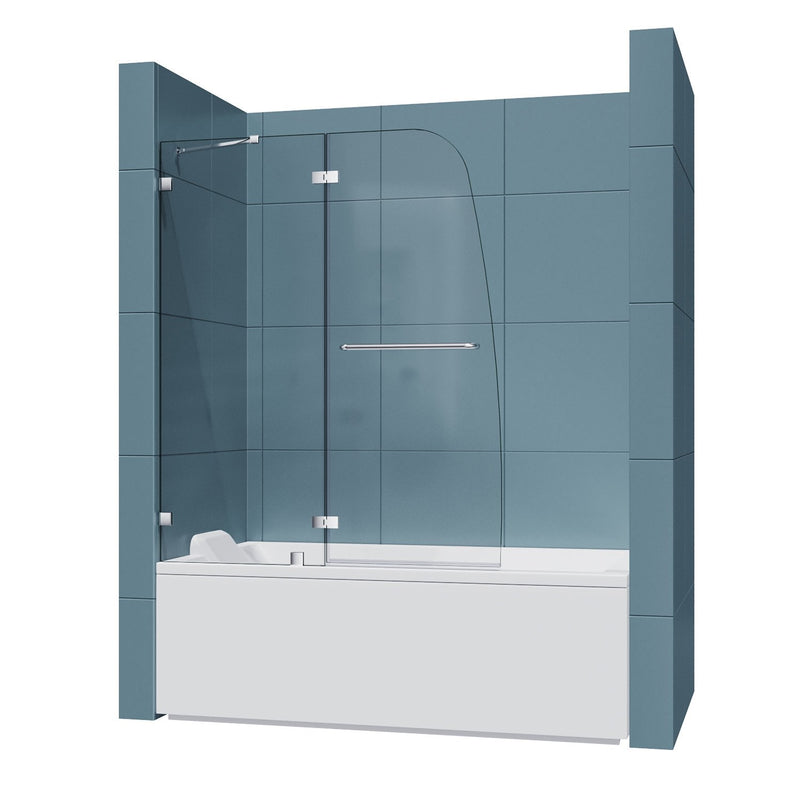 48 in. W x 58 in. H Frameless Hinged Bathtub Door in Clear Glass with Handle, Chrome